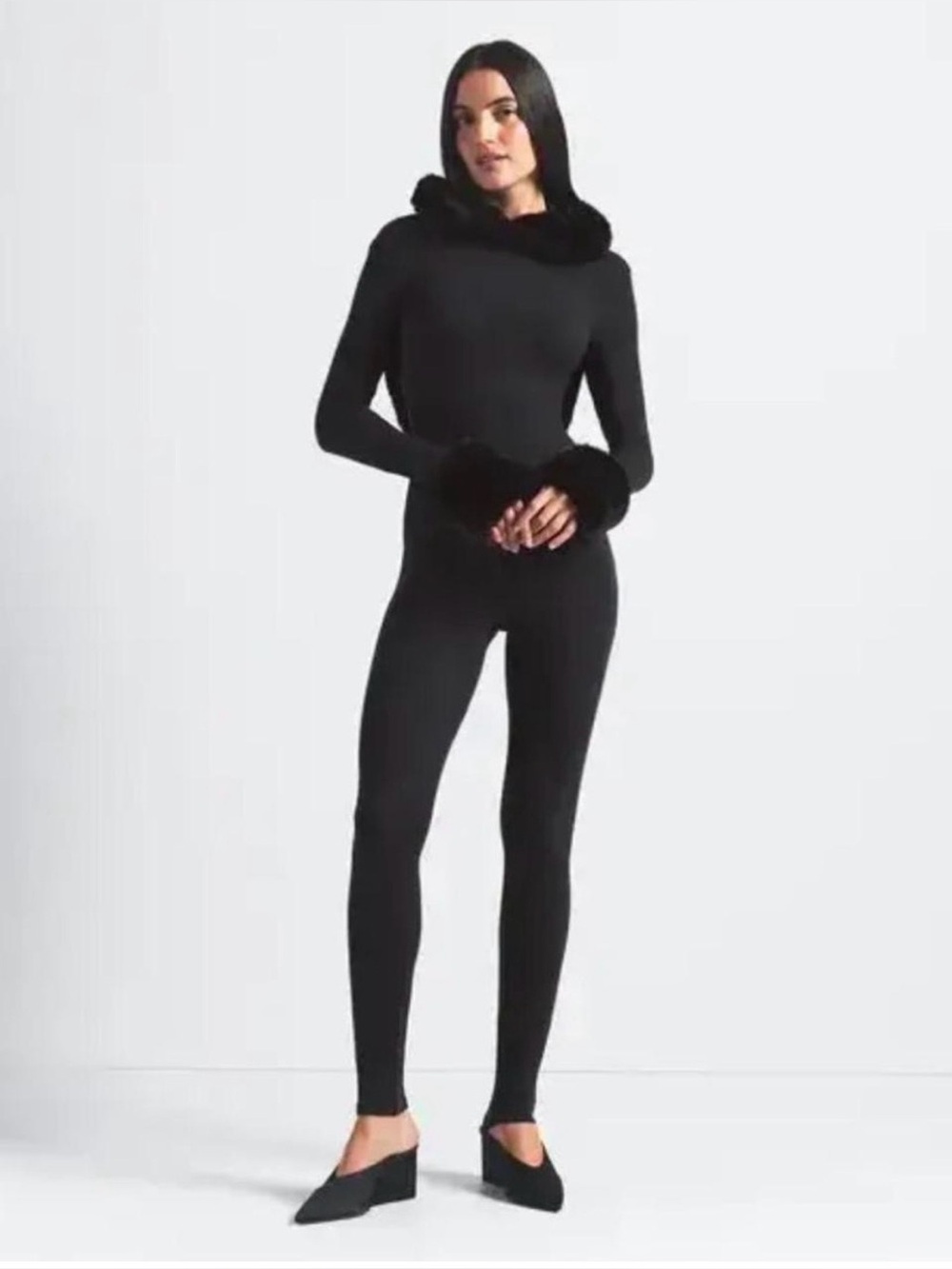 SKIMS Black Hooded Cloud Jumpsuit with Faux-Fur Trim and Satin Waist Tie - Picture 3 of 5